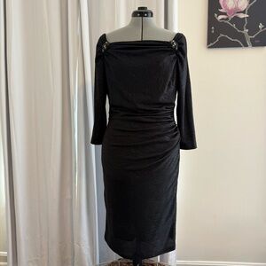 David Meister Black Ruched Beaded Cocktail Dress Long Sleeve Size 10